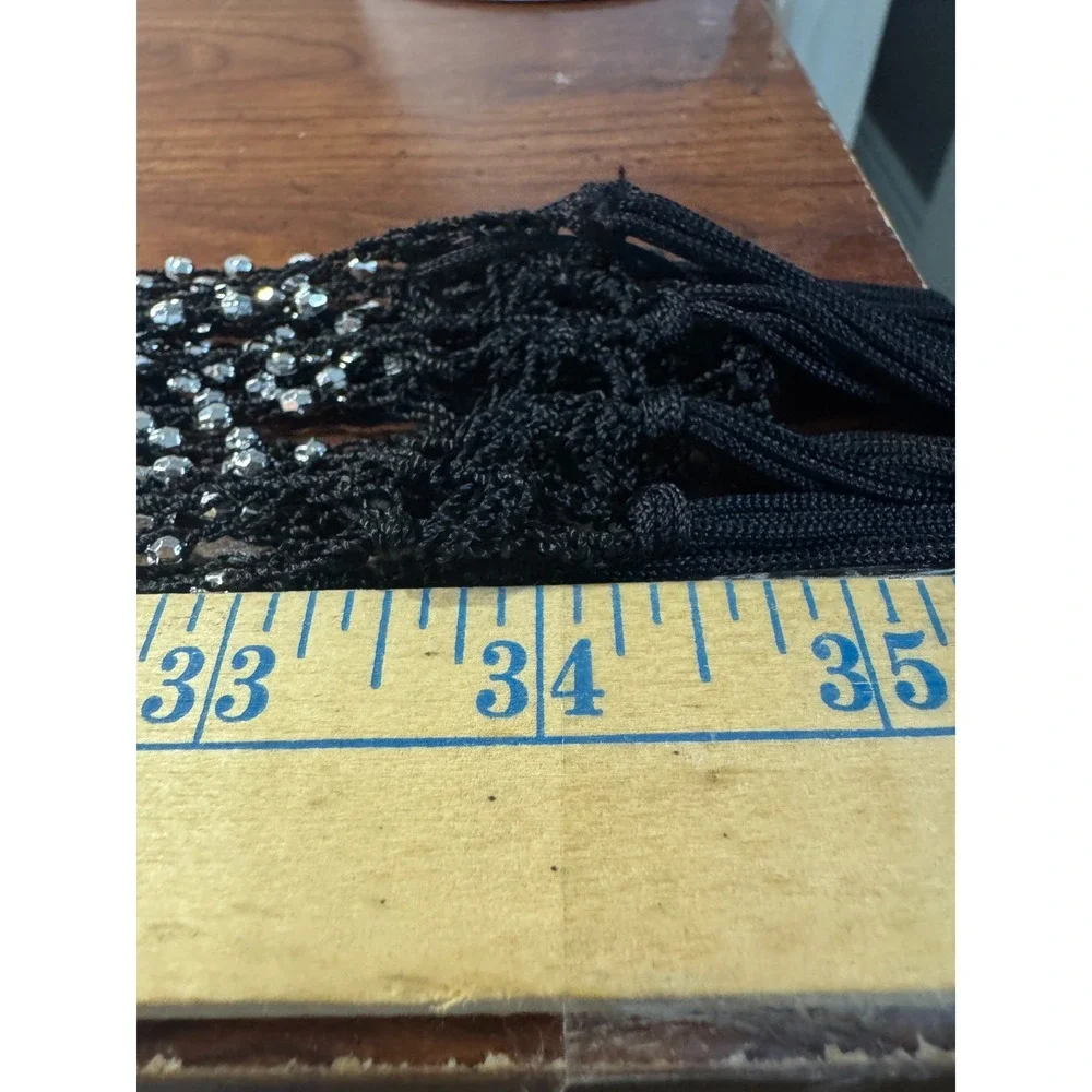 VTG Y2K Black Crochet Silver Beaded Skinny Scarf Neck Tie Fringe Indie Sleaze